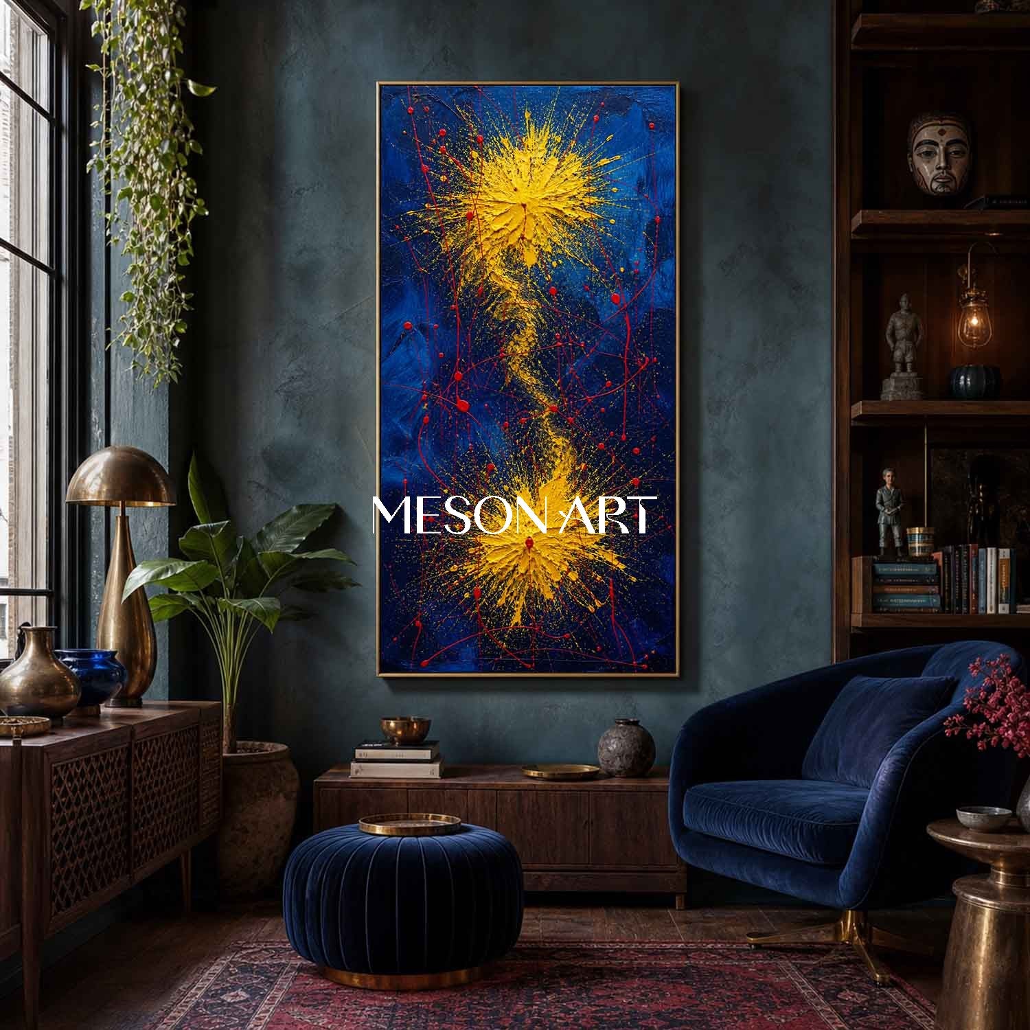Bold Blue And Gold Abstract Painting With Textured Relief For Modern Living Room Decor