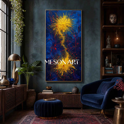 Bold Blue And Gold Abstract Painting With Textured Relief For Modern Living Room Decor