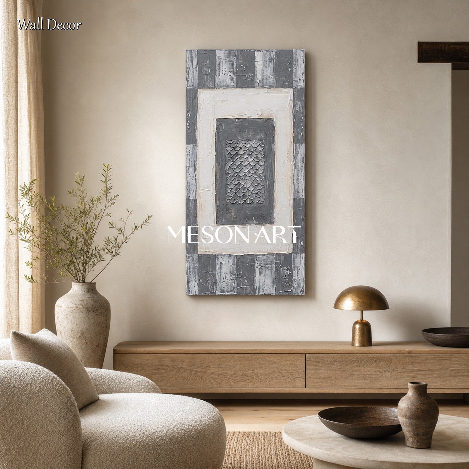 Gray And White Abstract Geometric Painting With Rich Textured Relief For Modern Living Room Decor