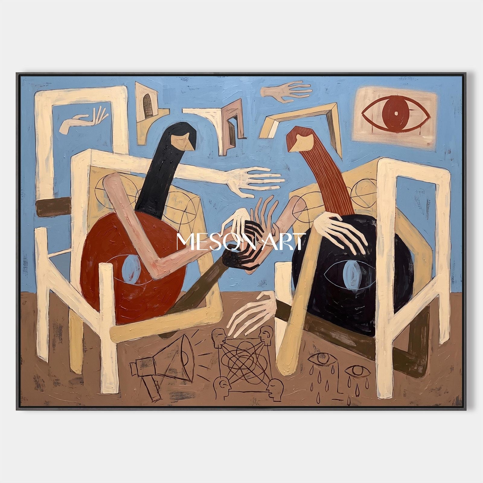 Blue And Brown Abstract Expressionist Figurative Painting Rectangular Wall Art For Living Room By Mesonart