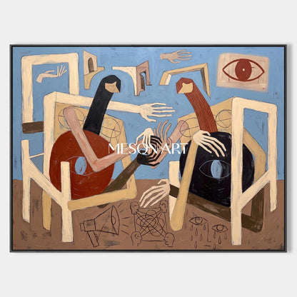 Blue And Brown Abstract Expressionist Figurative Painting Rectangular Wall Art For Living Room By Mesonart