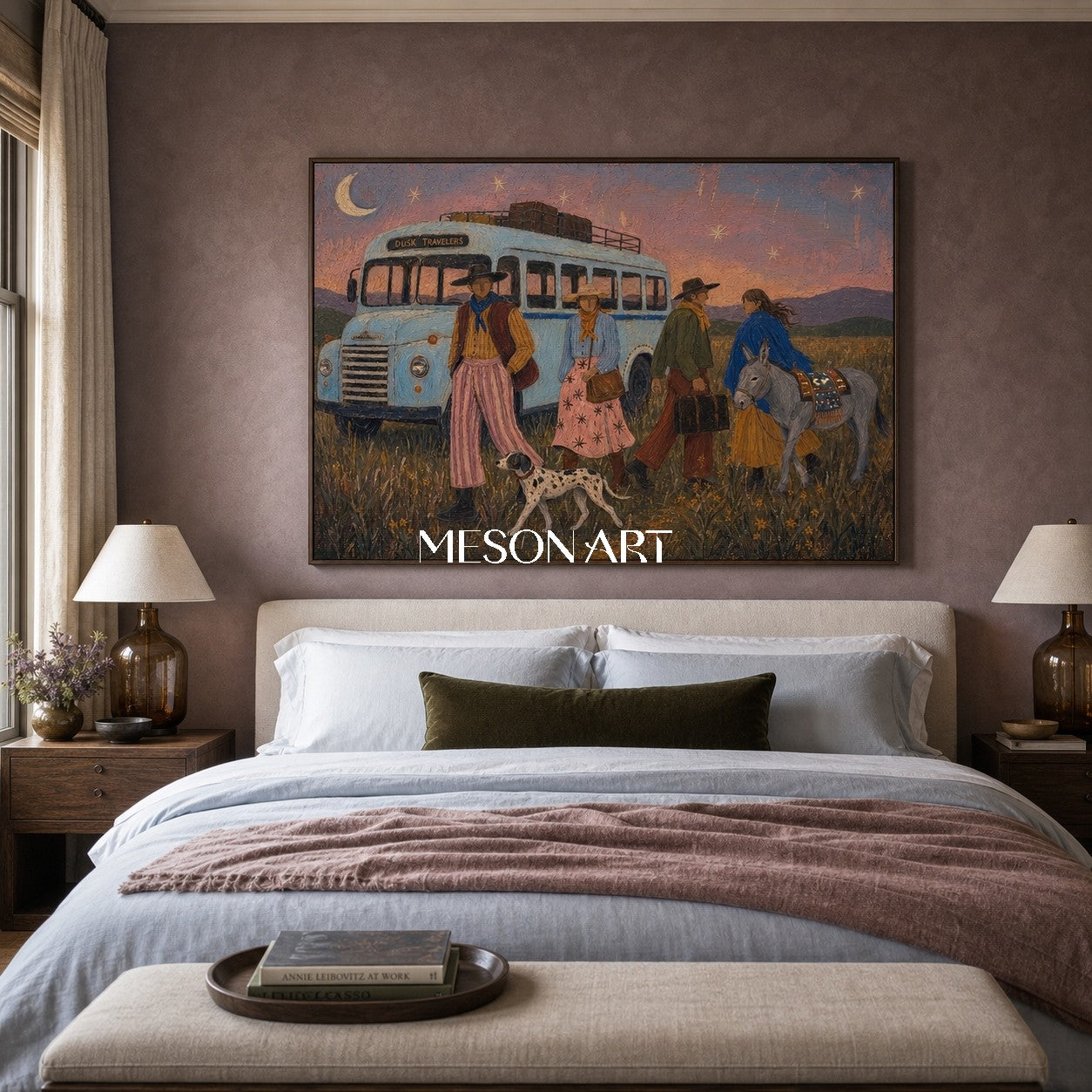 Bohemian Travel Art With Vintage Bus And Nomadic Figures For Living Room Decor