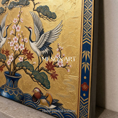 Exquisite Gold Leaf Crane Painting For Elegant Living Room Decor And Entryway