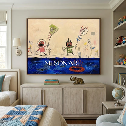 Original Expressionist Figurative Painting With Textured Blue Beige For Modern Living Room