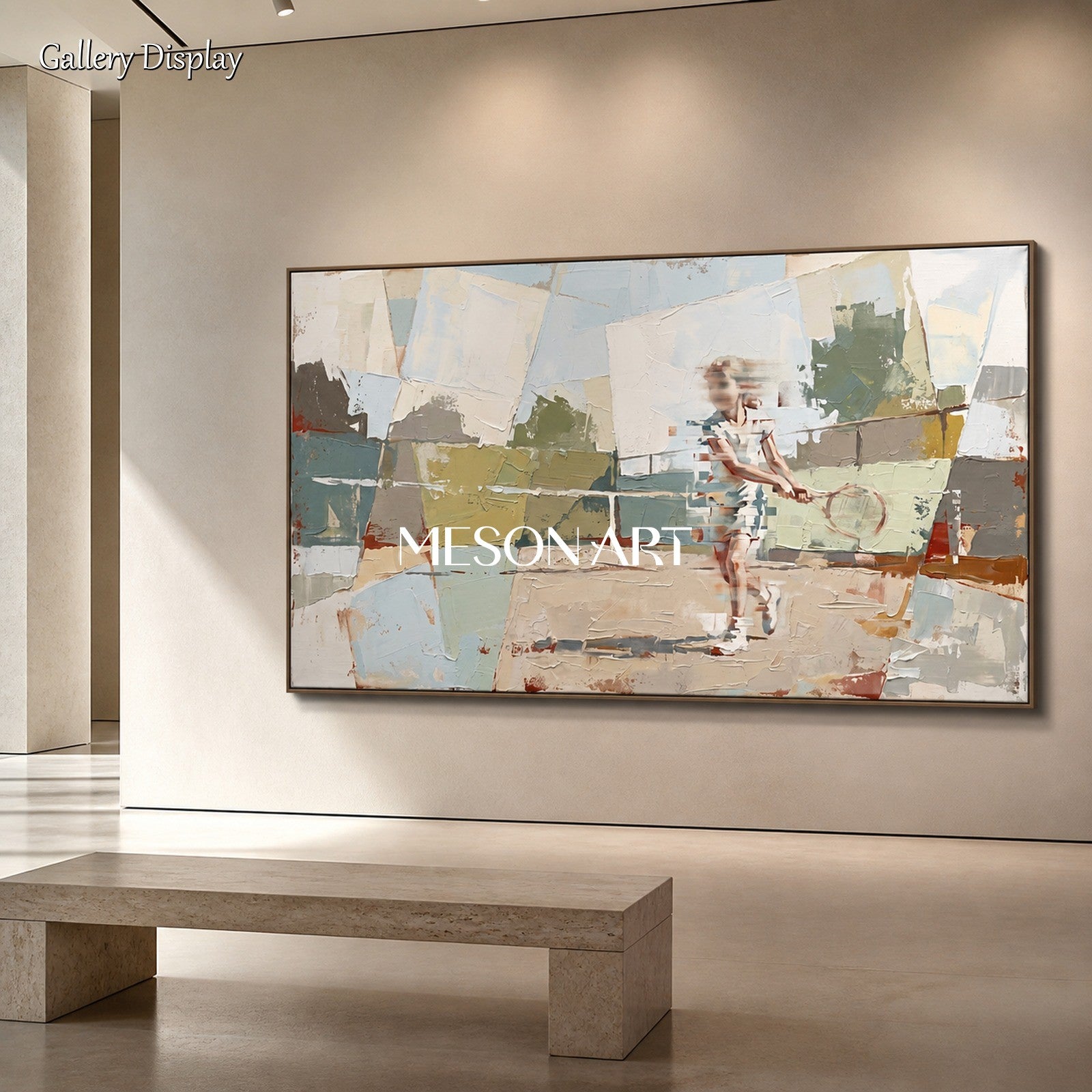Beige And Blue Abstract Figurative Painting Contemporary Children At Play Panoramic Wall Art By Mesonart