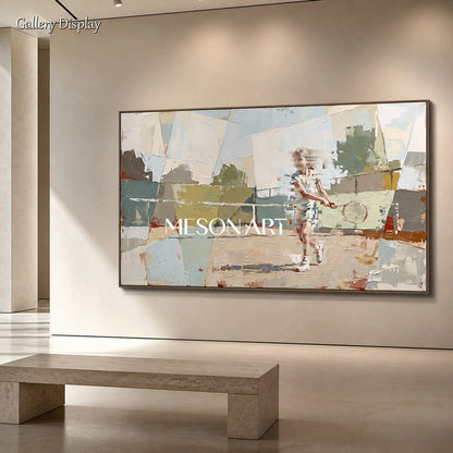 Beige And Blue Abstract Figurative Painting Contemporary Children At Play Panoramic Wall Art By Mesonart