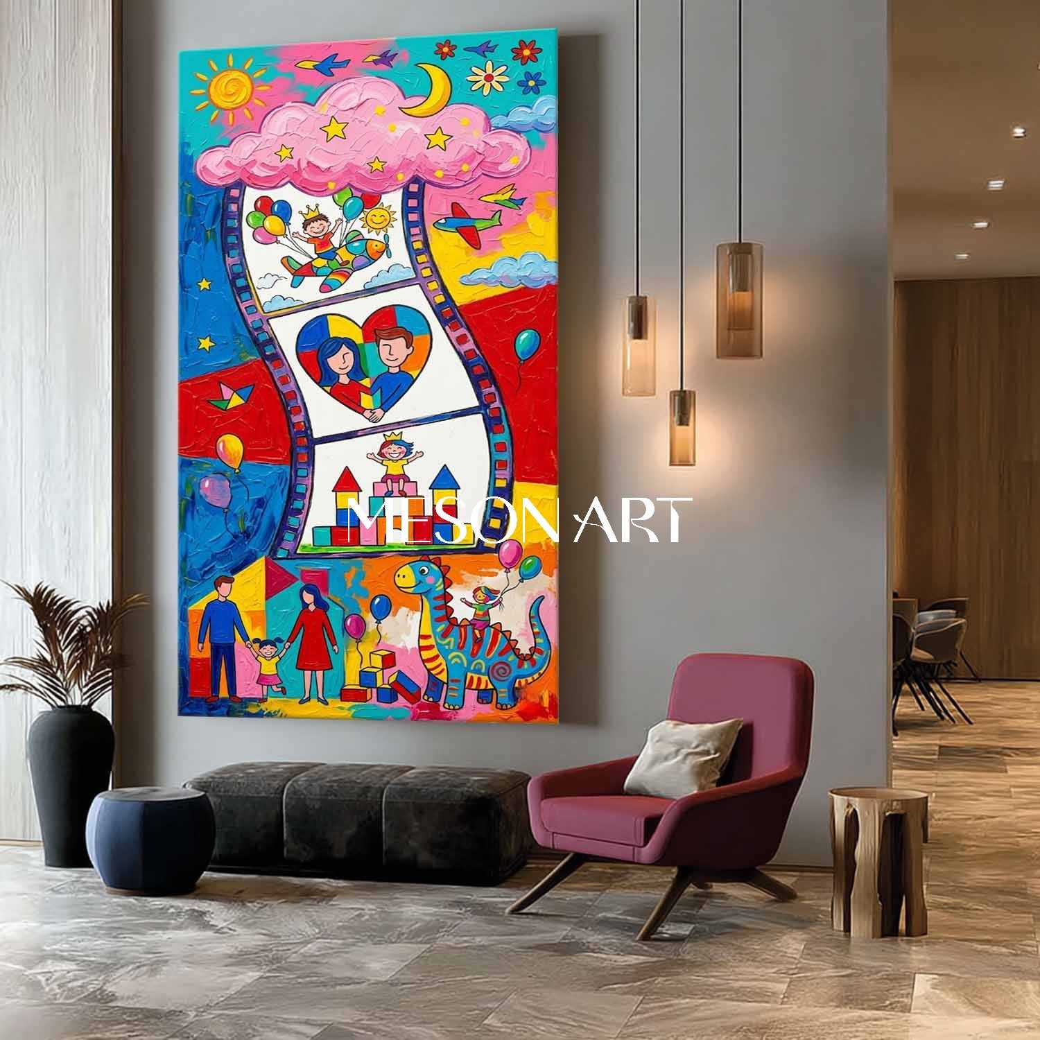 Colorful Cartoon Family Art For Kids Room Nursery Wall Decor Original Painting