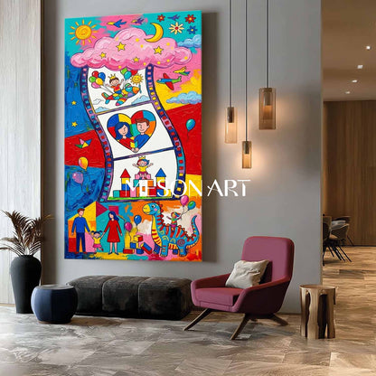 Colorful Cartoon Family Art For Kids Room Nursery Wall Decor Original Painting