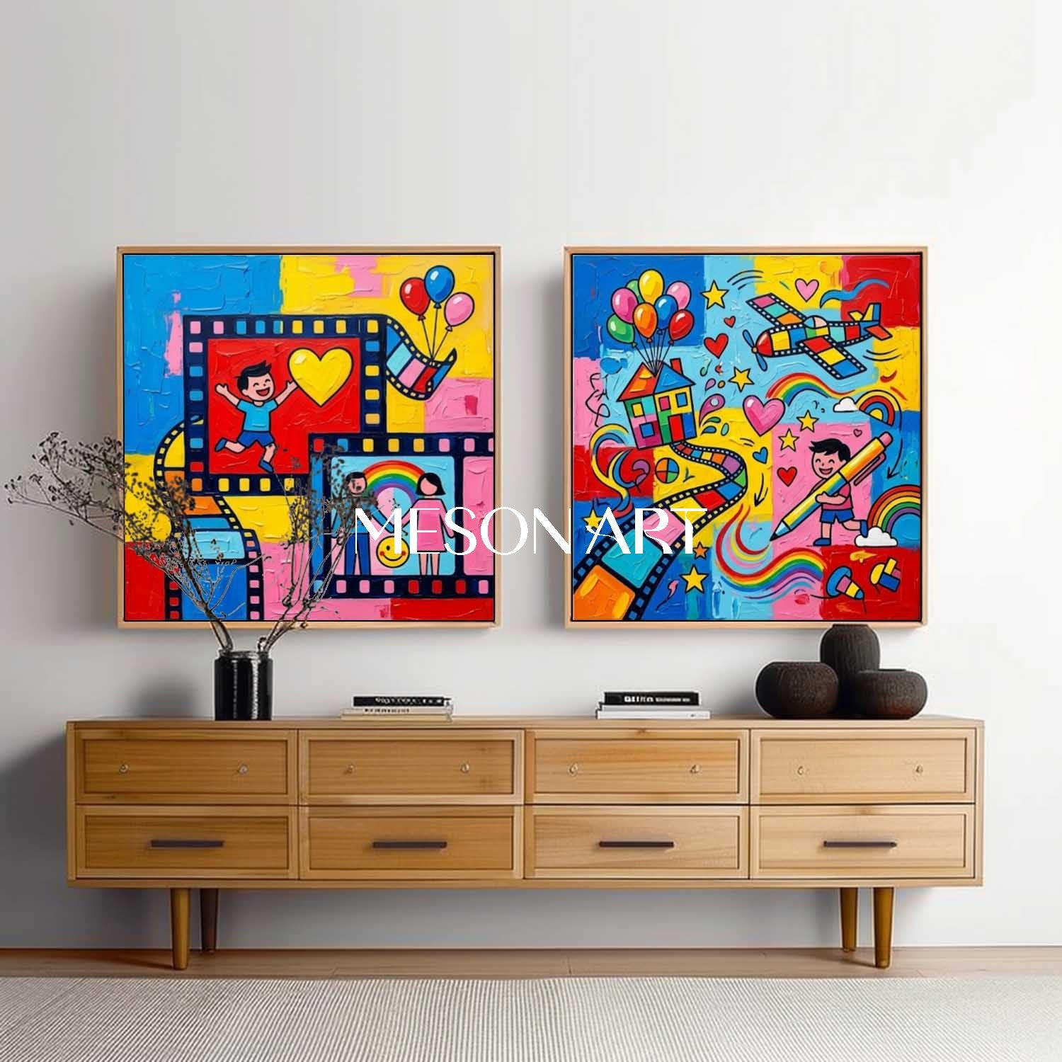Colorful Pop Art Set Of Two For Kids Room Wall Decor With Film Strip Motif