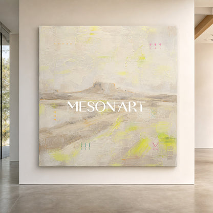 Natural Beige Abstract Landscape Oil Painting With Lime Green Accents For Modern Home Decor