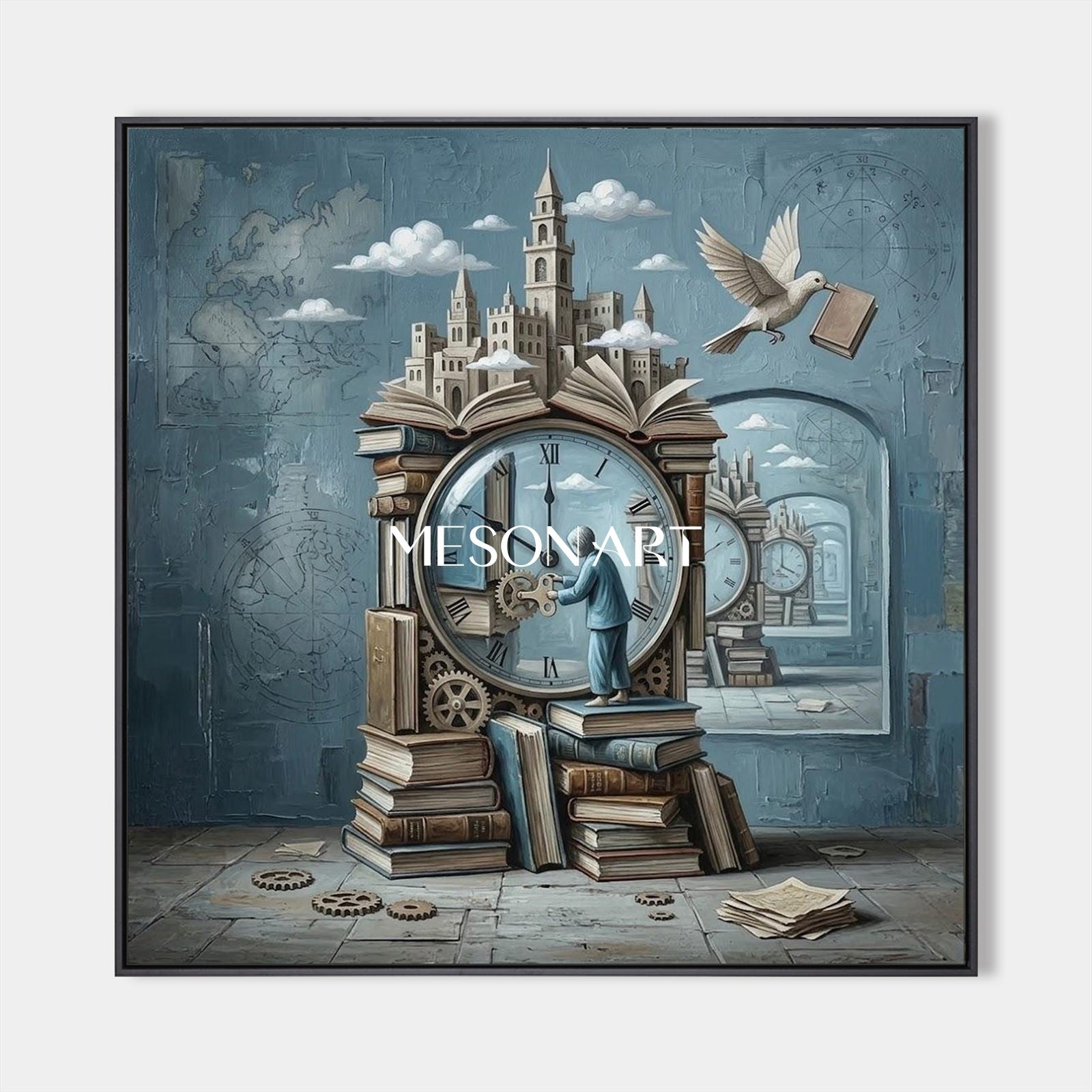 Surrealist Clock Painting With Books For Home Office And Study