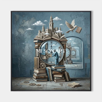 Surrealist Clock Painting With Books For Home Office And Study