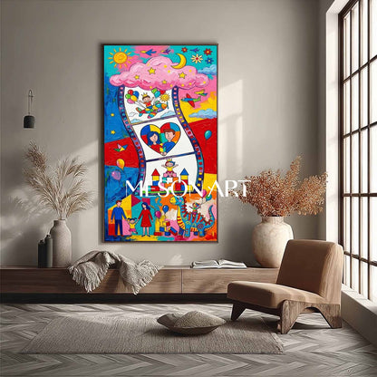 Colorful Cartoon Family Art For Kids Room Nursery Wall Decor Original Painting