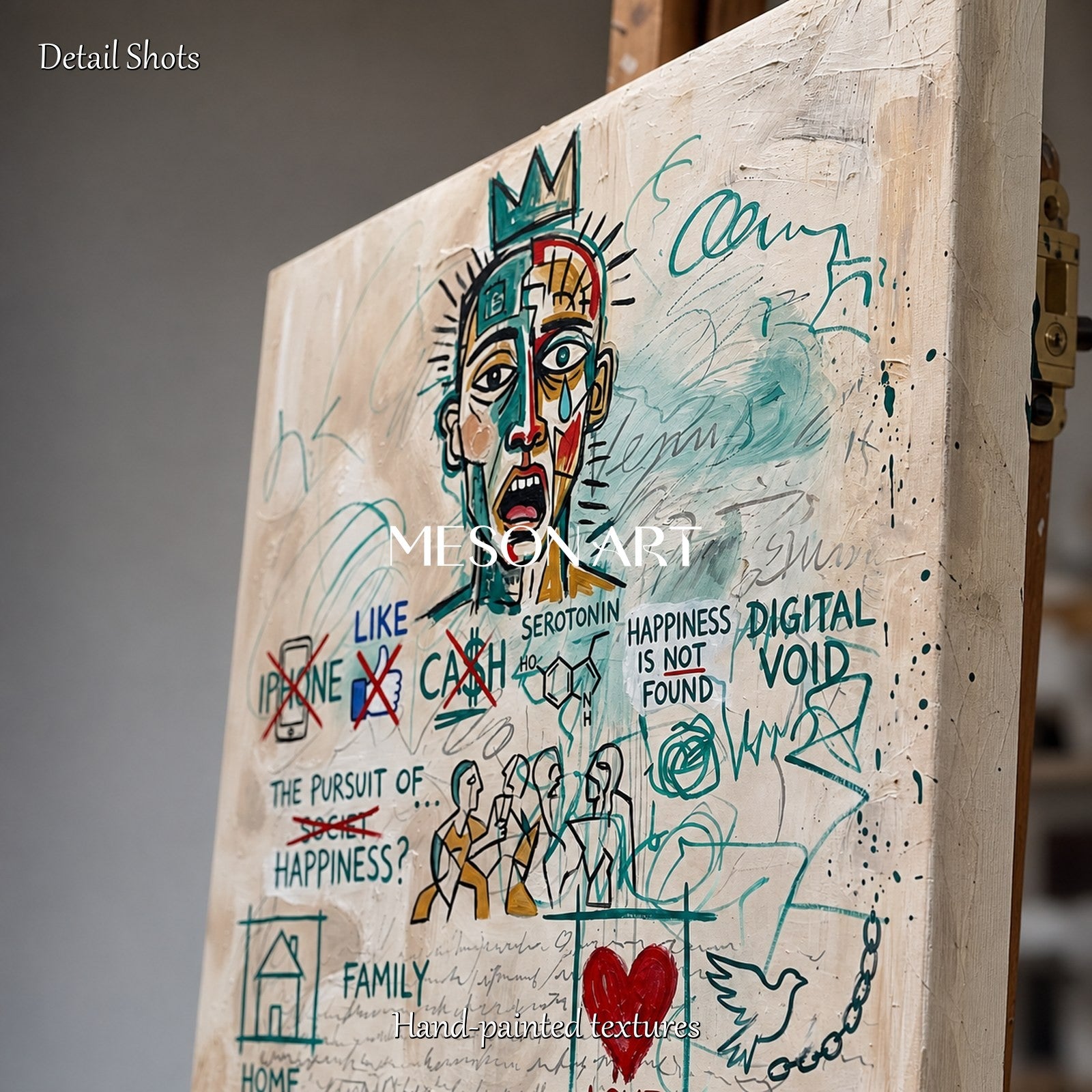 Original Basquiat Style Graffiti Art With Social Critique For Modern Home Decor