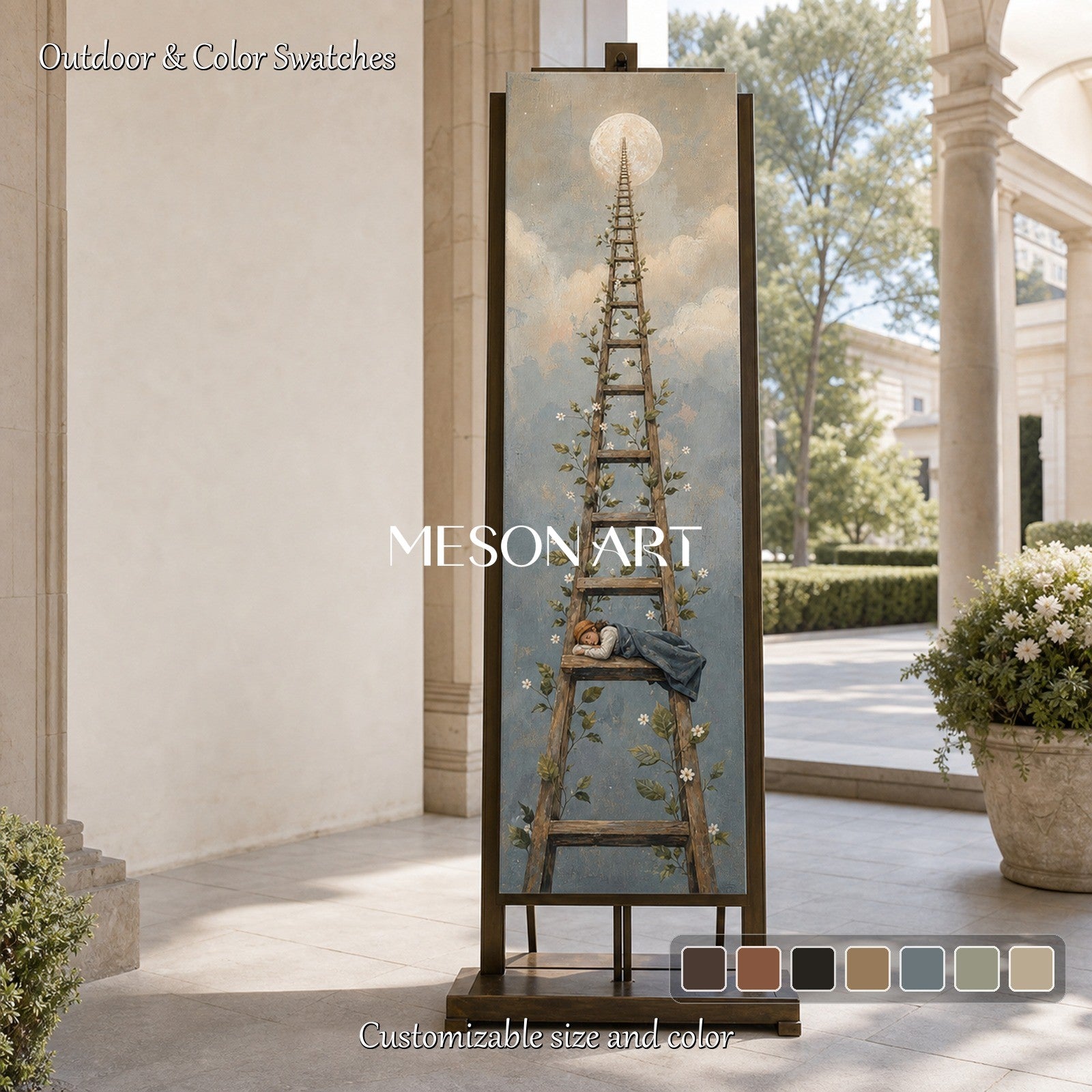 Surreal Moon Ladder Painting With Vines For Bedroom Entryway Abstract Art Decor