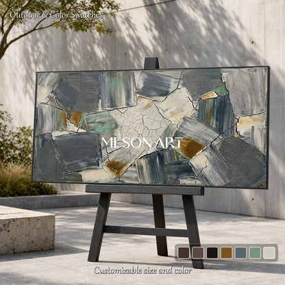 Green Wabi Sabi Wall Art Abstract Minimalist Painting With Cracked Texture For Living Room