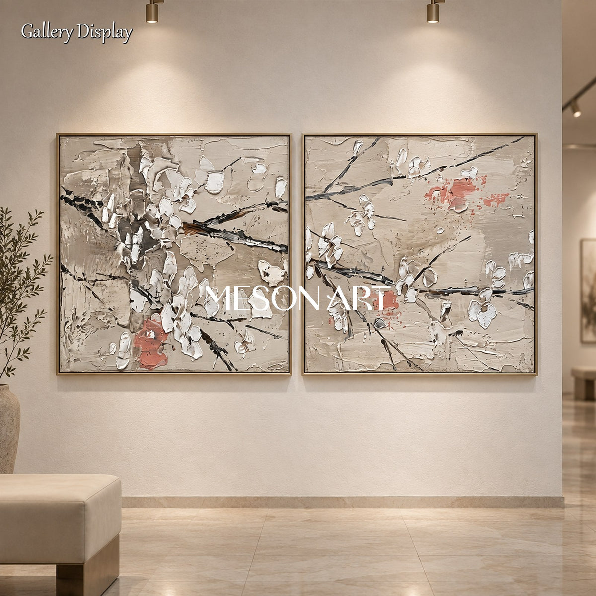 Beige And White Sakura Floral Art Square Wall Decor Original Artist Hand Painted By Mesonart