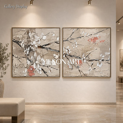 Beige And White Sakura Floral Art Square Wall Decor Original Artist Hand Painted By Mesonart