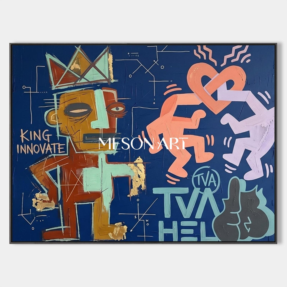 Blue And Gold Graffiti Art Keith Haring Style Rectangular Wall Decor For Living Room By Mesonart