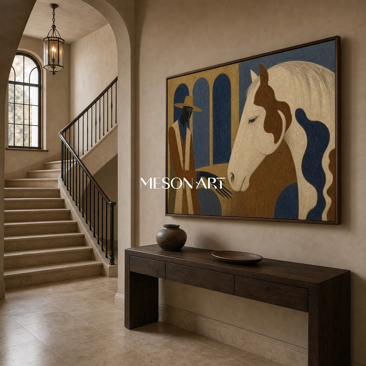 Art Deco Cowboy And Horse Painting For Living Room Decor