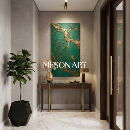 Large Green And Gold Abstract Wall Art For Modern Entryway Decor