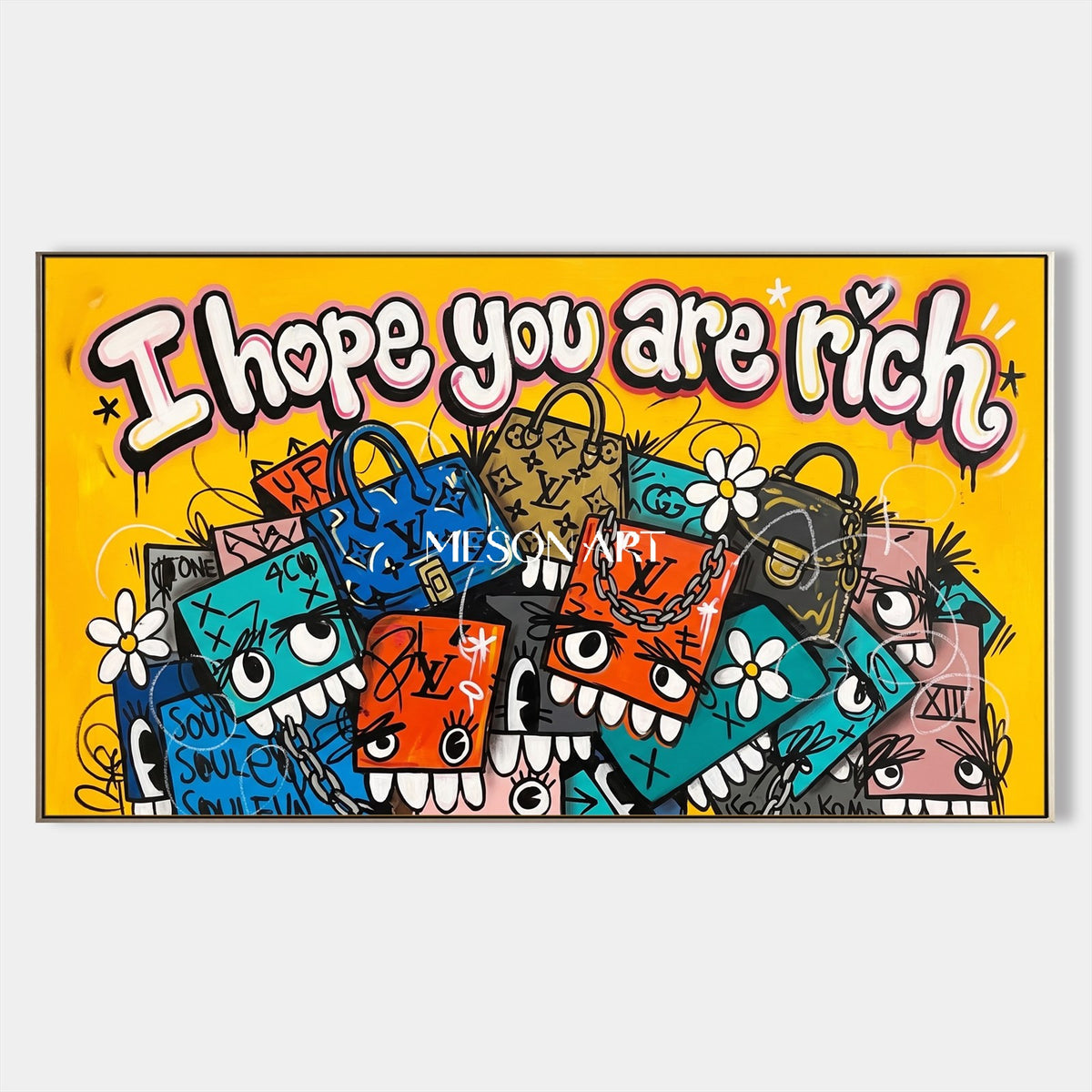 Yellow And Blue Graffiti Art Kaws Style Panoramic Wall Decor For Living Room By Mesonart