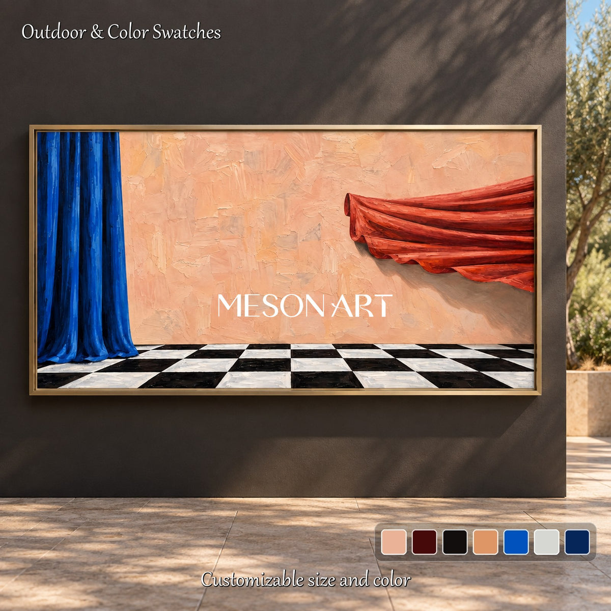 Blue And Red Surrealist Painting Panoramic Wall Art For Living Room Original Artist By Mesonart