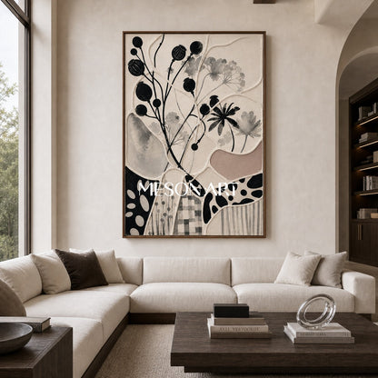 Abstract Botanical Art With Geometric Patchwork Design For Modern Living Spaces