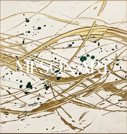 Beige And Gold Pollock Inspired Drip Painting Square Wall Art For Living Room By Mesonart