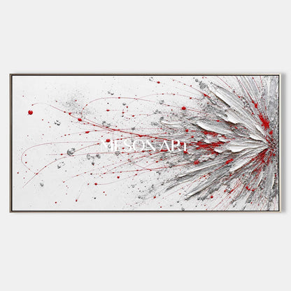 Bold Red And White Abstract Painting With Textured Relief For Modern Living Room Decor