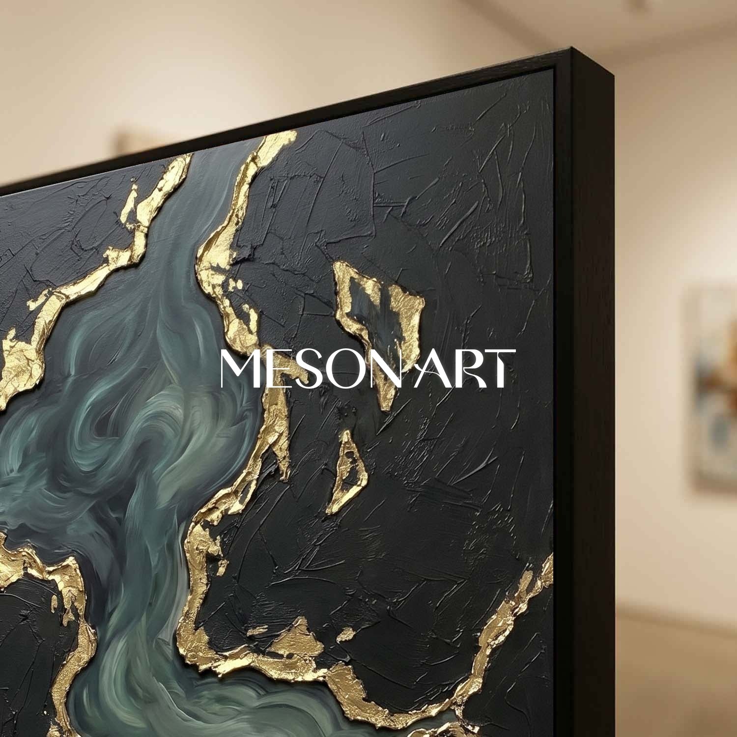 Luxury Black And Gold Plaster Abstract Art With Teal Ocean Waves For Living Room