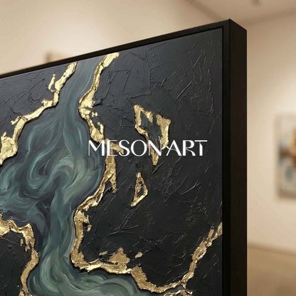 Luxury Black And Gold Plaster Abstract Art With Teal Ocean Waves For Living Room