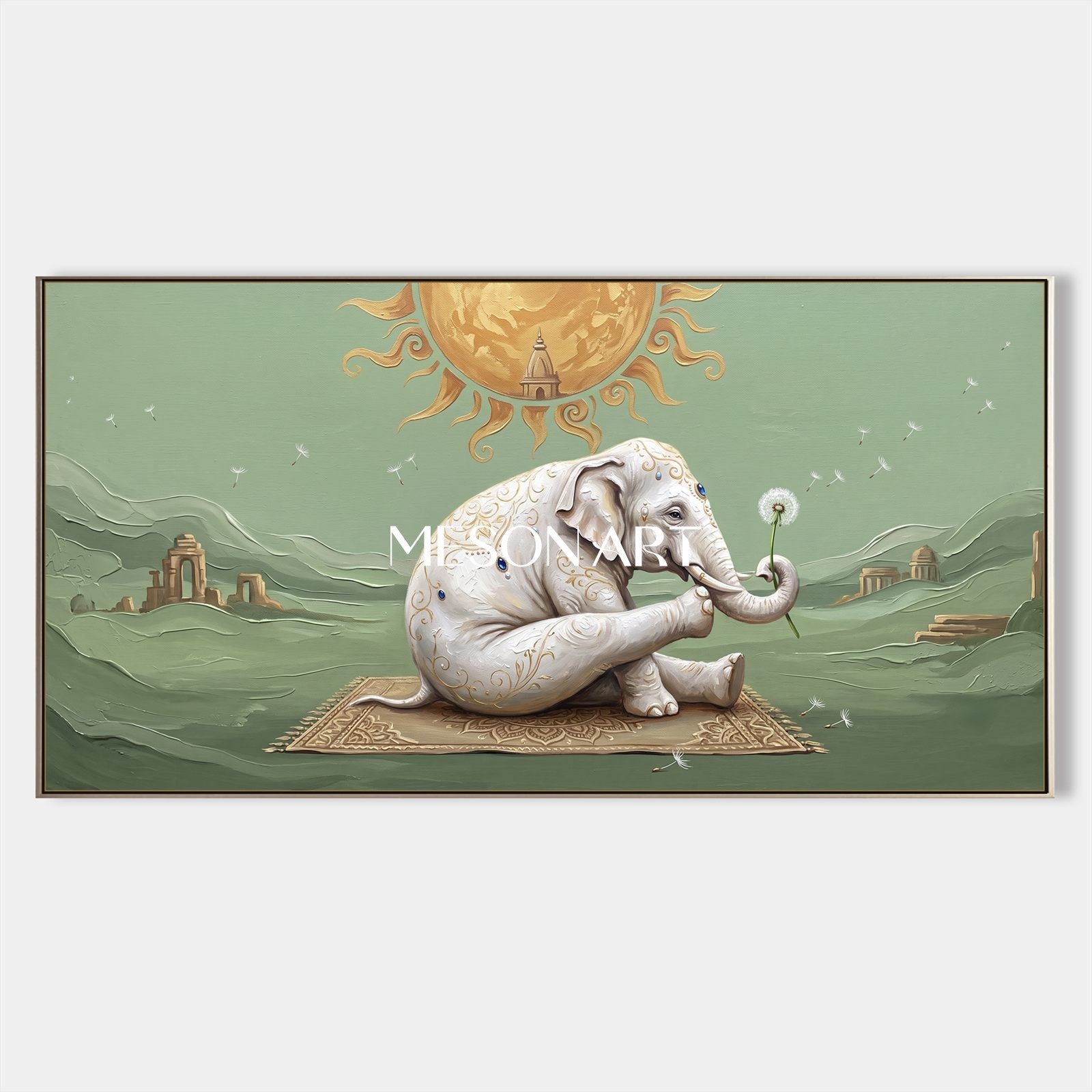 Green And Gold Surrealist Art Yoga Elephant Original Artist Panoramic Wall Decor For Living Room By Mesonart
