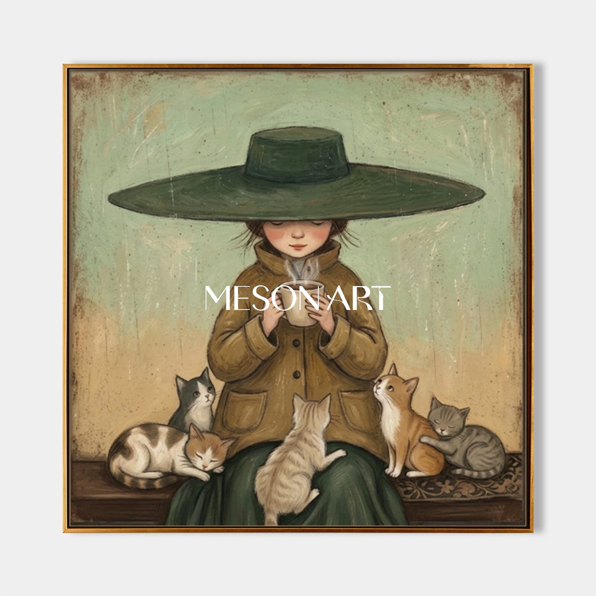Green And Beige Vintage Painting Square Wall Art For Bedroom Original Artist Hand Painted By Mesonart