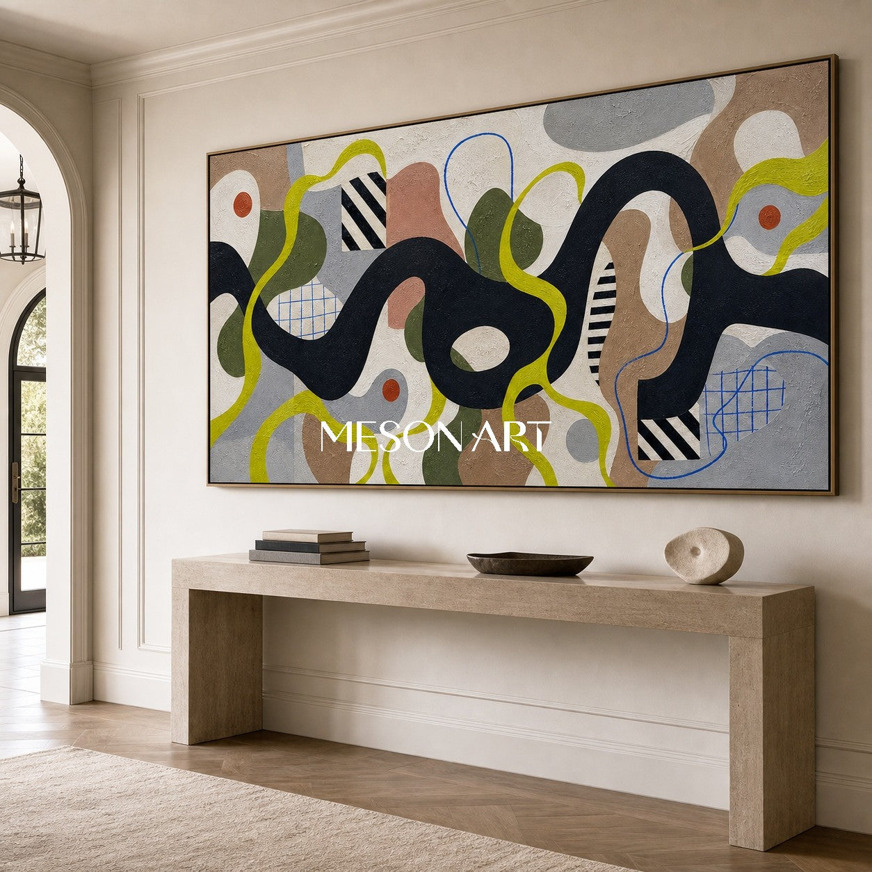 Mid Century Modern Abstract Painting With Organic Shapes And Geometric Lines For Living Room Decor
