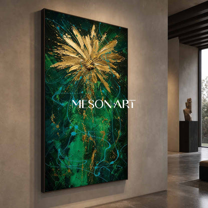 Emerald Green And Gold Abstract Painting In Pollock Style For Living Room