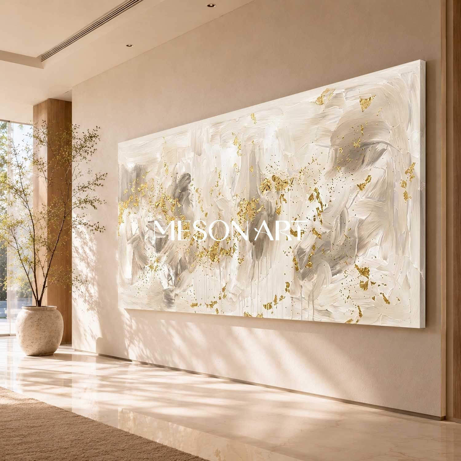 Luxury Gold Leaf Abstract Painting On Linen Canvas For Modern Living Room And Entryway Decor
