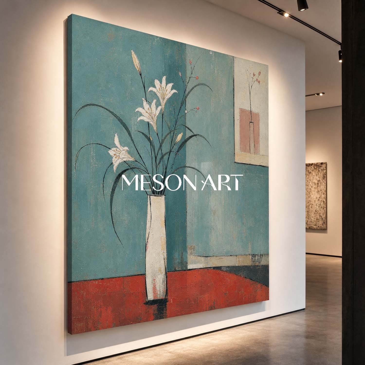 Art Deco Floral Painting With White Lilies On Teal Background For Modern Living Room Decor