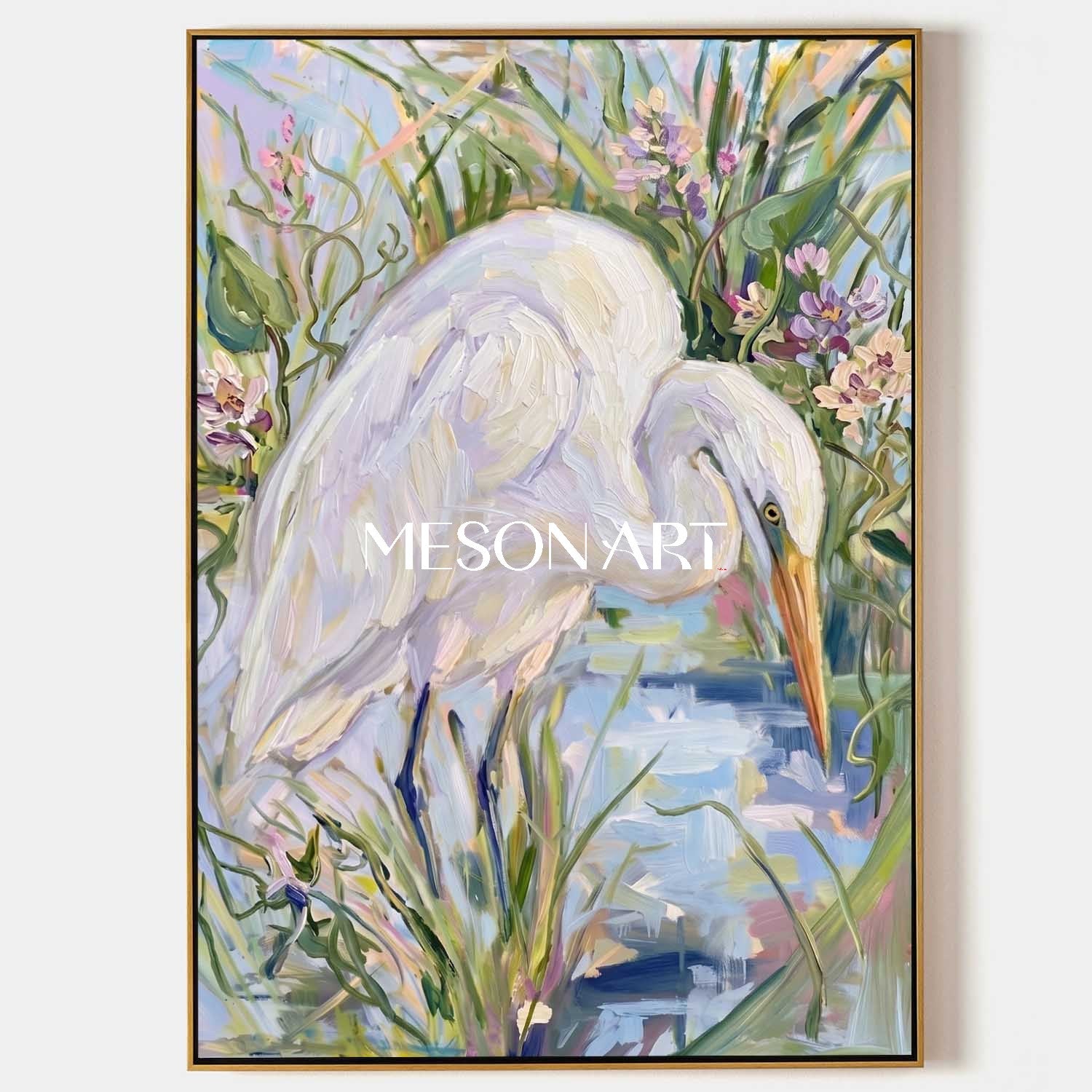 Elegant Egret Painting With Floral Landscape For Modern Living Room Decor
