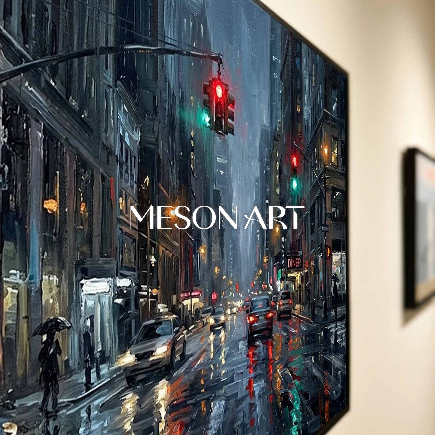 Abstract City Painting With Neon Lights And Rain Reflections For Modern Living Room Decor