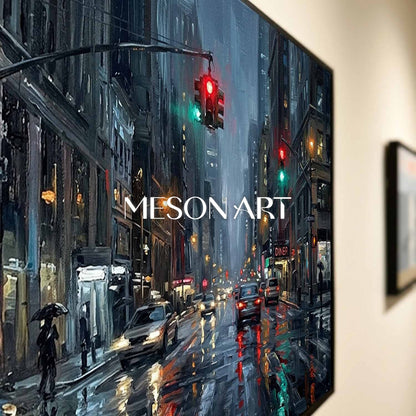 Abstract City Painting With Neon Lights And Rain Reflections For Modern Living Room Decor