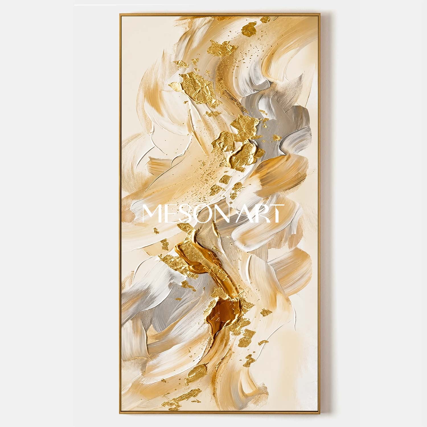 Gilded Fluid Harmony Abstract Painting With Gold Leaf For Modern Living Room Entryway Decor
