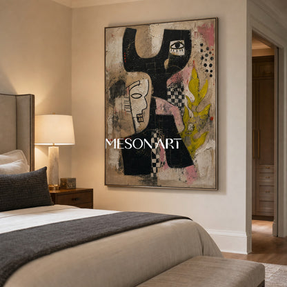 Urban Graffiti Inspired Portrait Painting In Black And White With Yellow Accents For Industrial Loft Decor