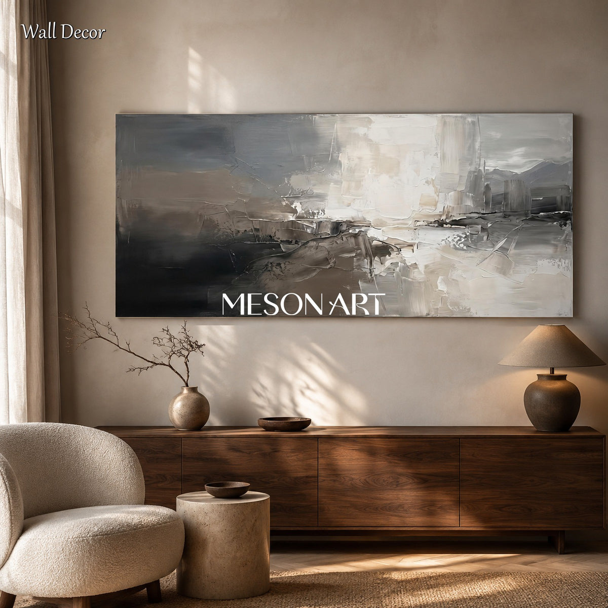 Gray And White Abstract Painting Large Panoramic Wall Art For Living Room By Mesonart