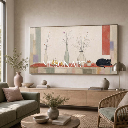 Large Original Still Life Painting With Cat And Pears For Dining Room Wall Decor In Art Deco Style