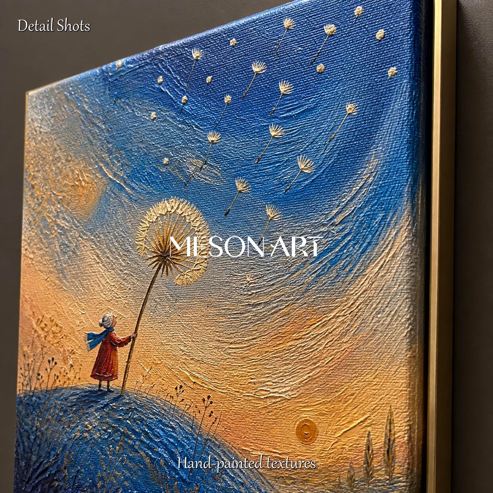 Blue And Gold Painting Whimsical Fantasy Dandelion Girl Starry Sunset Storybook Square Wall Art For Bedroom By Mesonart