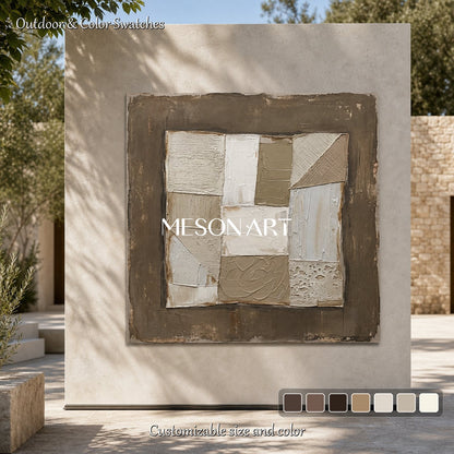 Earthen Silence Abstract Painting In Brown And White With Textured Plaster For Japandi Living Room Decor