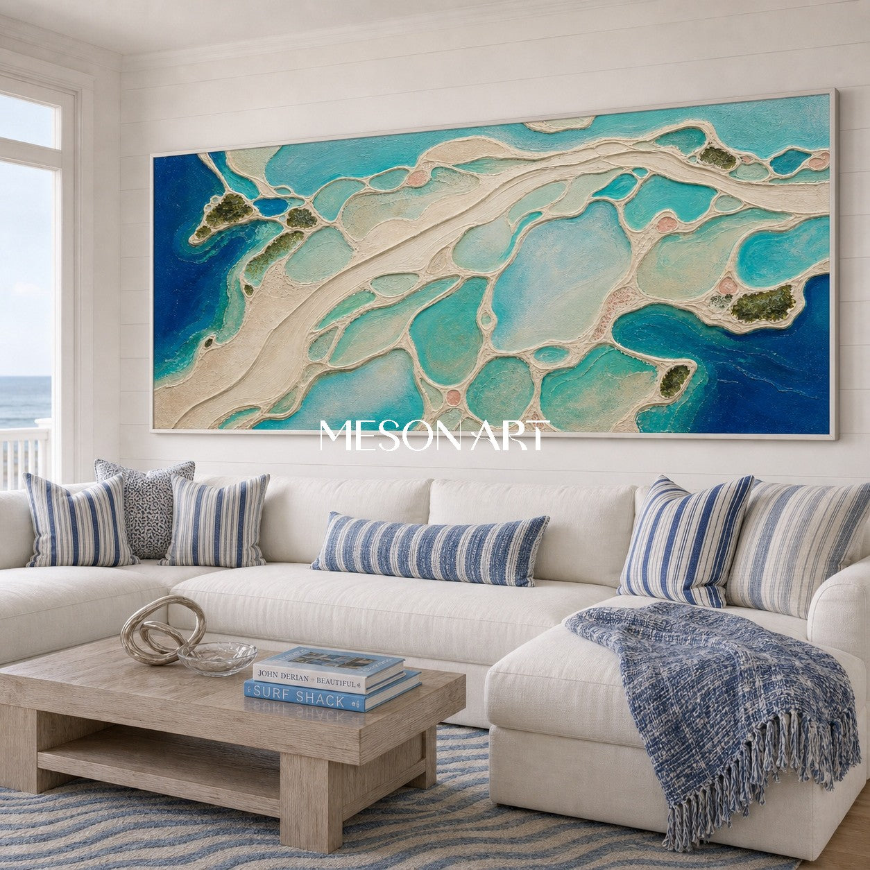 Abstract Coastal Lagoon Art With Fluid Textures For Modern Living Room Decor