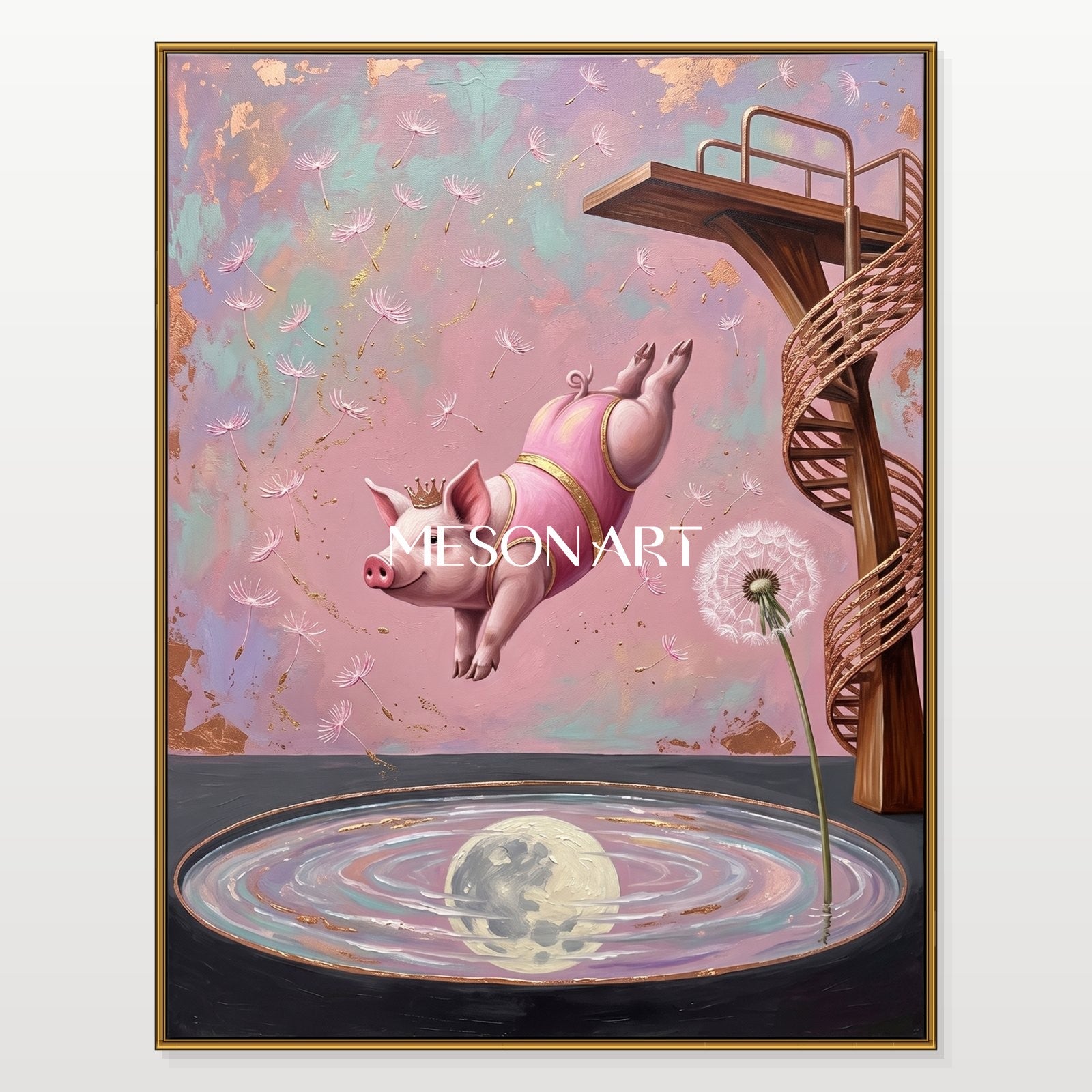 Pink And Gold Surrealist Art Diver Painting Rectangular Wall Decor For Living Room By Mesonart
