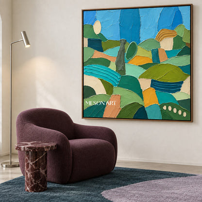 Green And Blue Abstract Landscape Painting Large Original Hand Painted Canvas Wall Art Square For Living Room By Mesonart